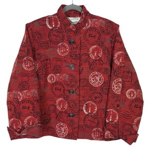 Orvis Red Paris Passport Stamp cotton blend w/swirling metal buttons Jacket RARE